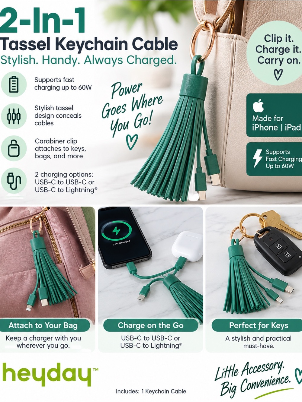 heyday Green Tassel Keychain Charging Cable - 2-in-1 USB-C & Lightning